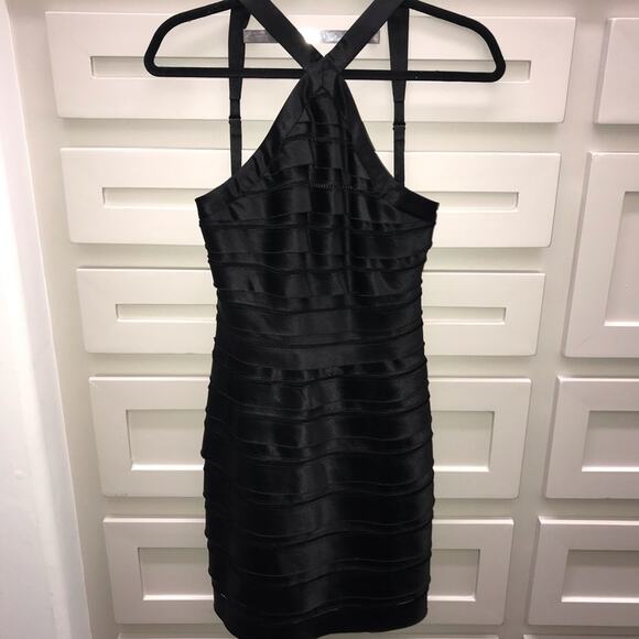 BCBGMaxAzria Satin Halter Tiered Dress Black 2 - Picture 2 of 7